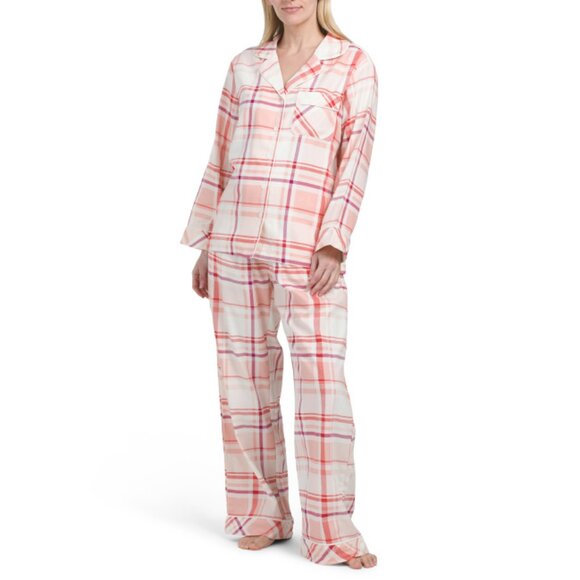 LATTE LOVE cream Cotton Flannel Plaid Pajama Set - Picture 1 of 2